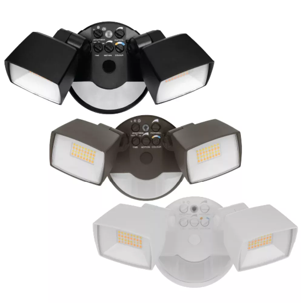 16/25 Watt Selectable Square Two Head Motion Sensing Security Light with PIR Sensor and Night Light 3000K/4000K/5000K