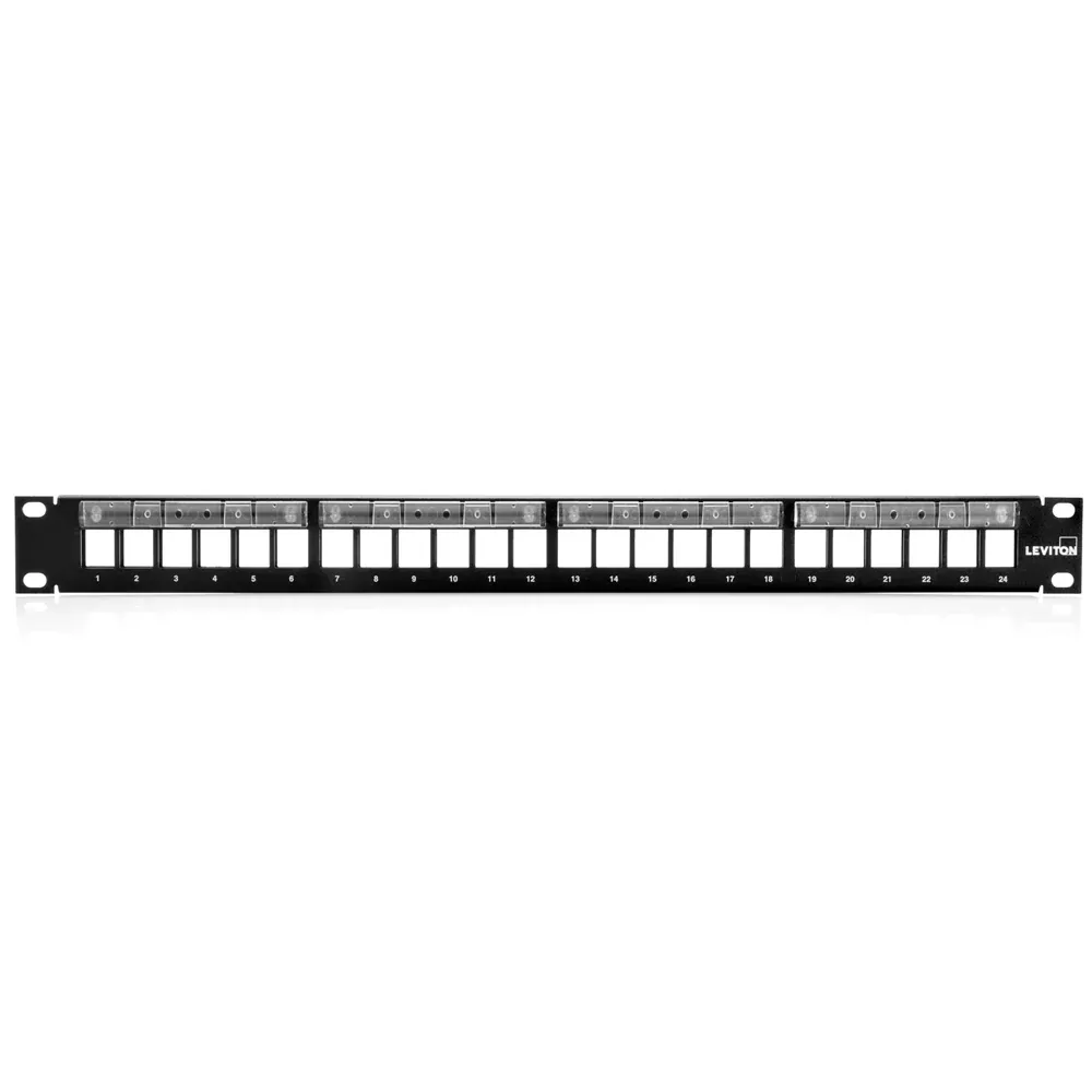 Leviton QuickPort Patch Panel With Magnifying Lens Label Holder 24-Port 1RU Cable Management Bar Included (49255-L24)